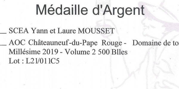 Double Médaille d'Argent pour le Châteauneuf du Pape Domaine de Tout Vent Cuvée Réservée 2019 rouge 